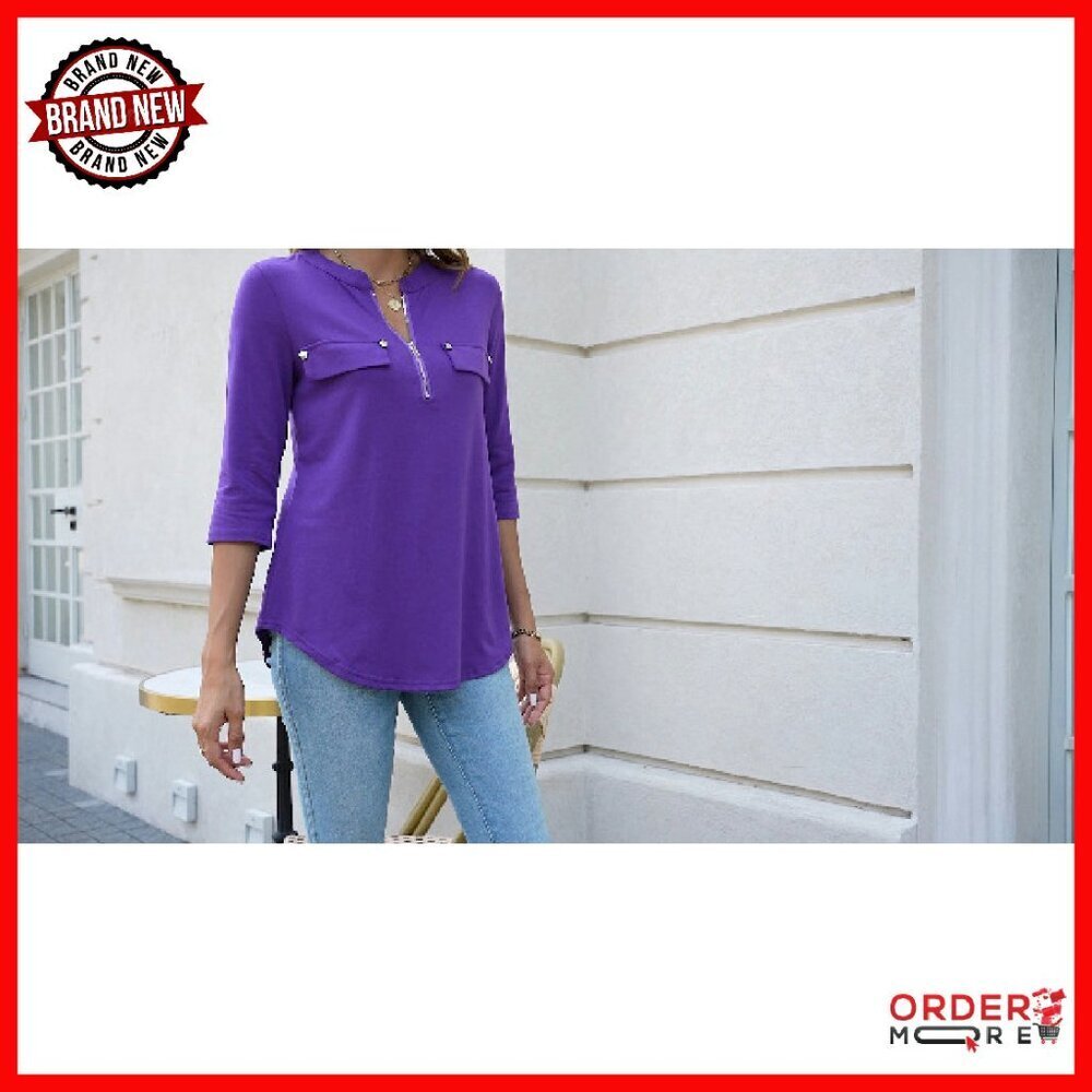 Flowy V-Neck Tunic Top with Zipper, 3/4 Sleeve, Rayon Blend - Picture 7 of 7